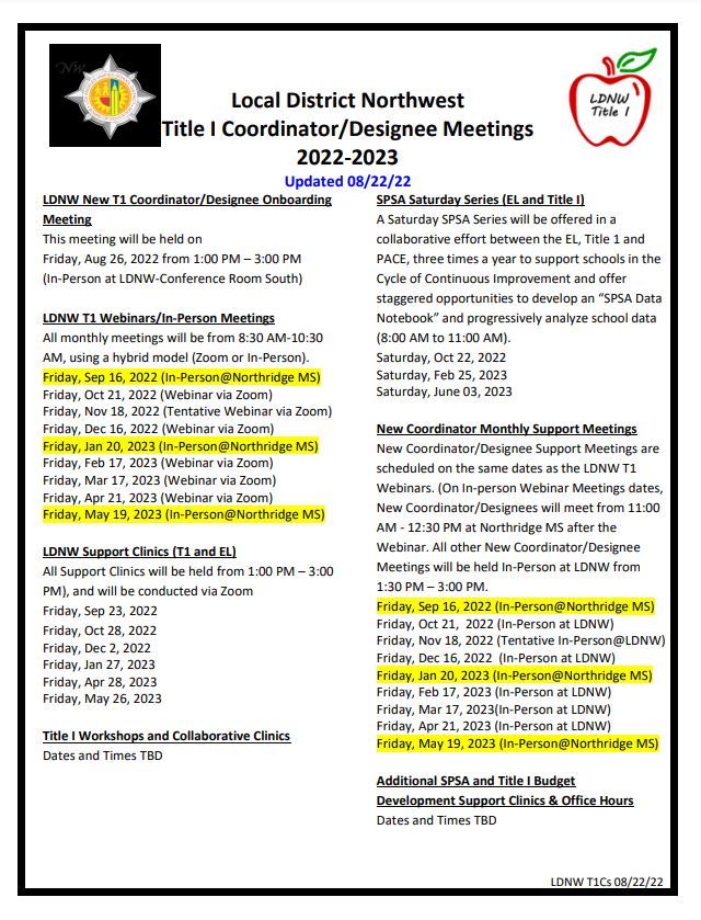 Local District Northwest 2022-2023 Title I Meeting Schedule